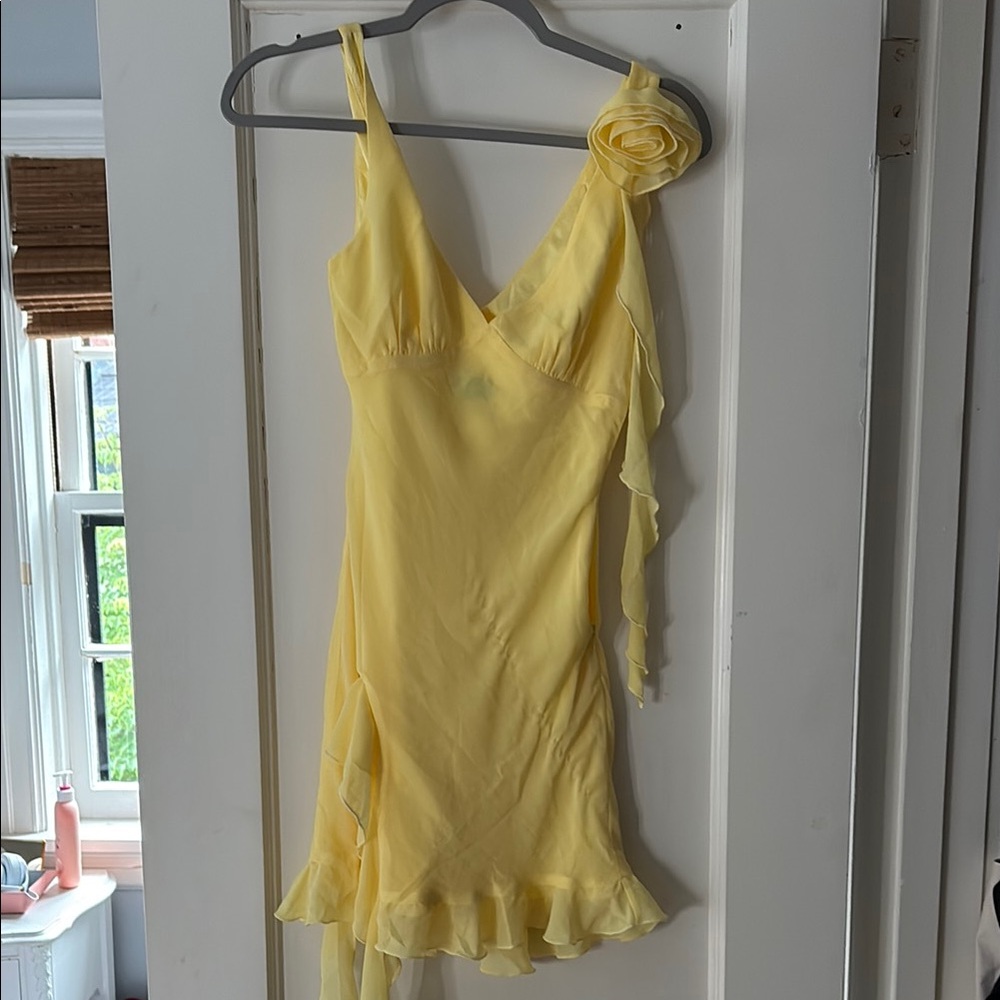 White Fox Yellow Ruffle Dress with Floral Accent